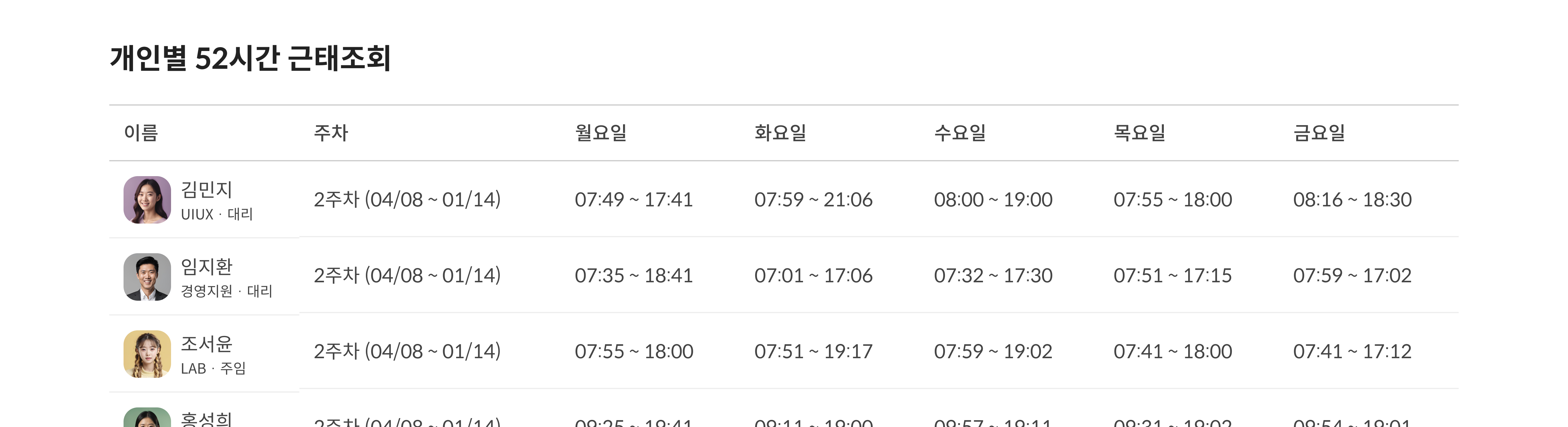 주 52시간 기능 UI 이미지
